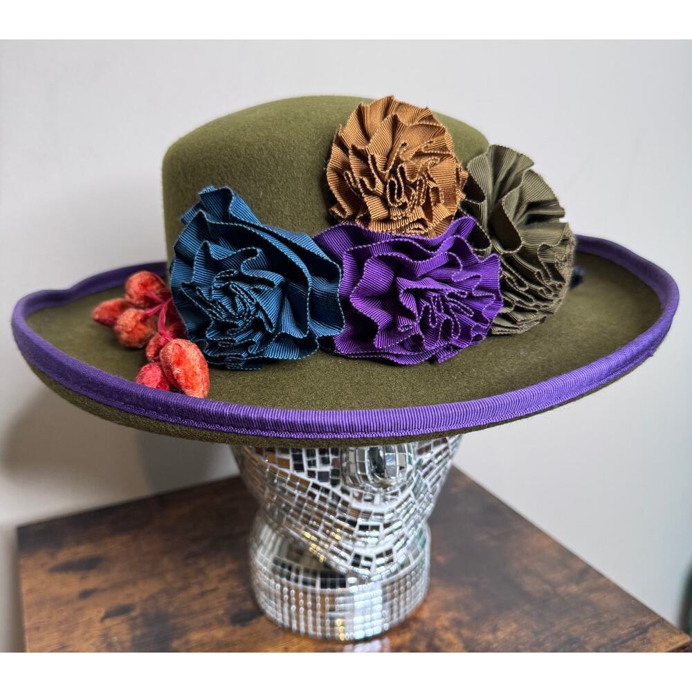 Vintage Olive Green Retro Wool Felt Wide Brim Hat With Silk Roses.